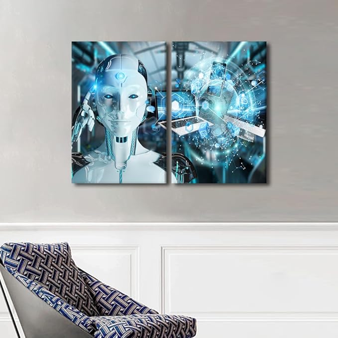 TUMOVO 3 Pieces AI Intelligence Wall Decorations for Living Room Canvas Paitings Data Analysis Home Decor Robot Artwork House Art Prints Posters and Prints Framed Ready to Hang, 24" Wx16 H