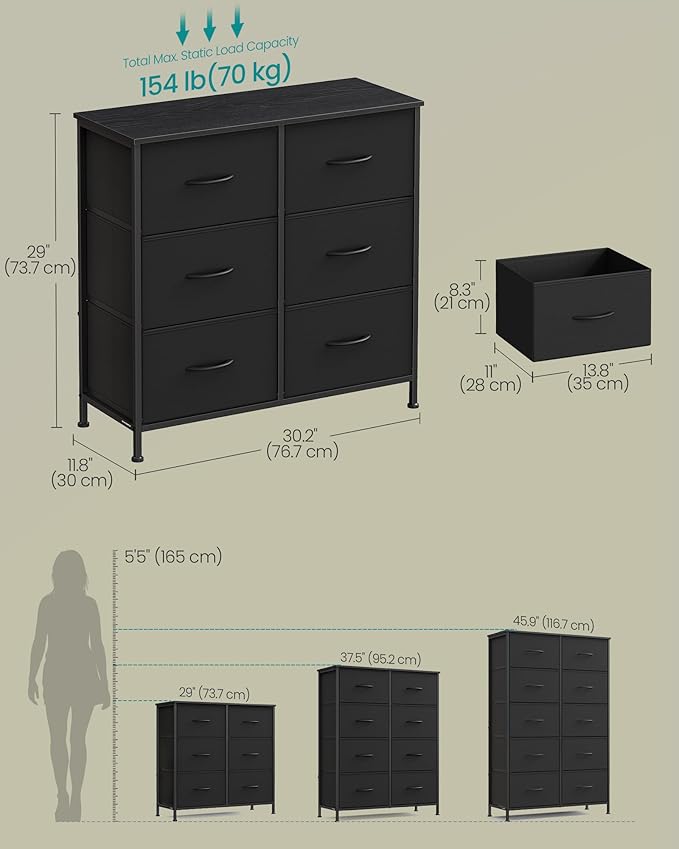 SONGMICS Dresser for Bedroom, Chest of Drawers, TV Stand, Steel, MDF, 6 Non-Woven Fabric Drawers, Storage Organizer Unit, Closet, Entryway, Ink Black and Ebony Black ULGS123B01S