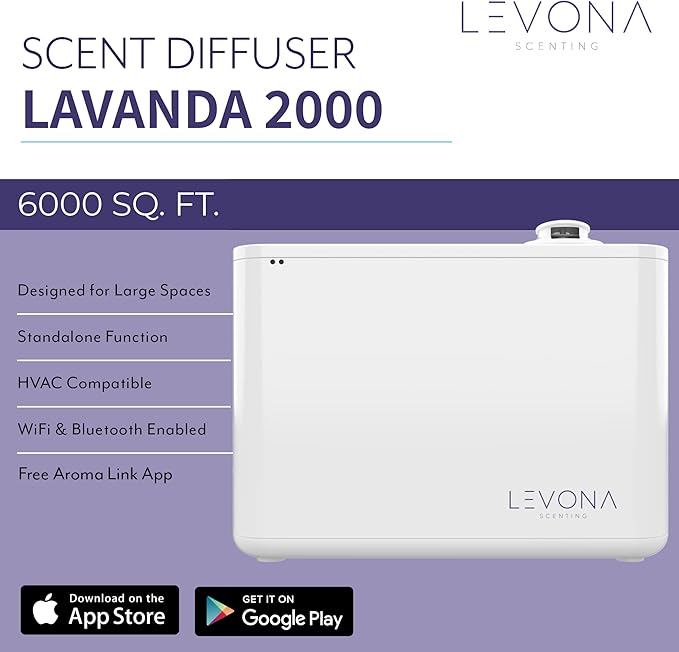 LEVONA SCENT Machine Lavanda: Up to 6000 SQFT HVAC Diffuser- Waterless Scent Air for Office, Hotel & Home Diffuser - Fragrance + Remote Control App Lavanda 2000