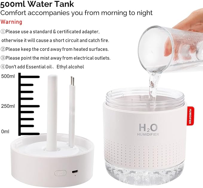 Portable Mini Humidifier, 500ml Small Cool Mist Humidifier, USB Personal Desktop Humidifiers for Baby Bedroom Travel Office Home, Auto Shut-Off, 2 Mist Modes, Super Quiet, White