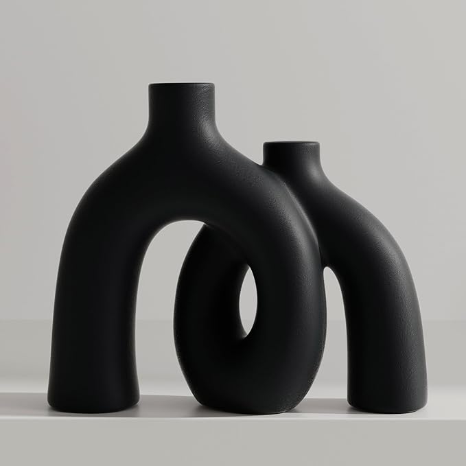 Matte Black Vase Set - Hug Hollow Donut Aesthetic Ceramic Vases Home Decor, Modern Nordic Minimalist Decorative Vase for Table Centerpiece Bookshelf Office Entryway Console Fireplace (Black)