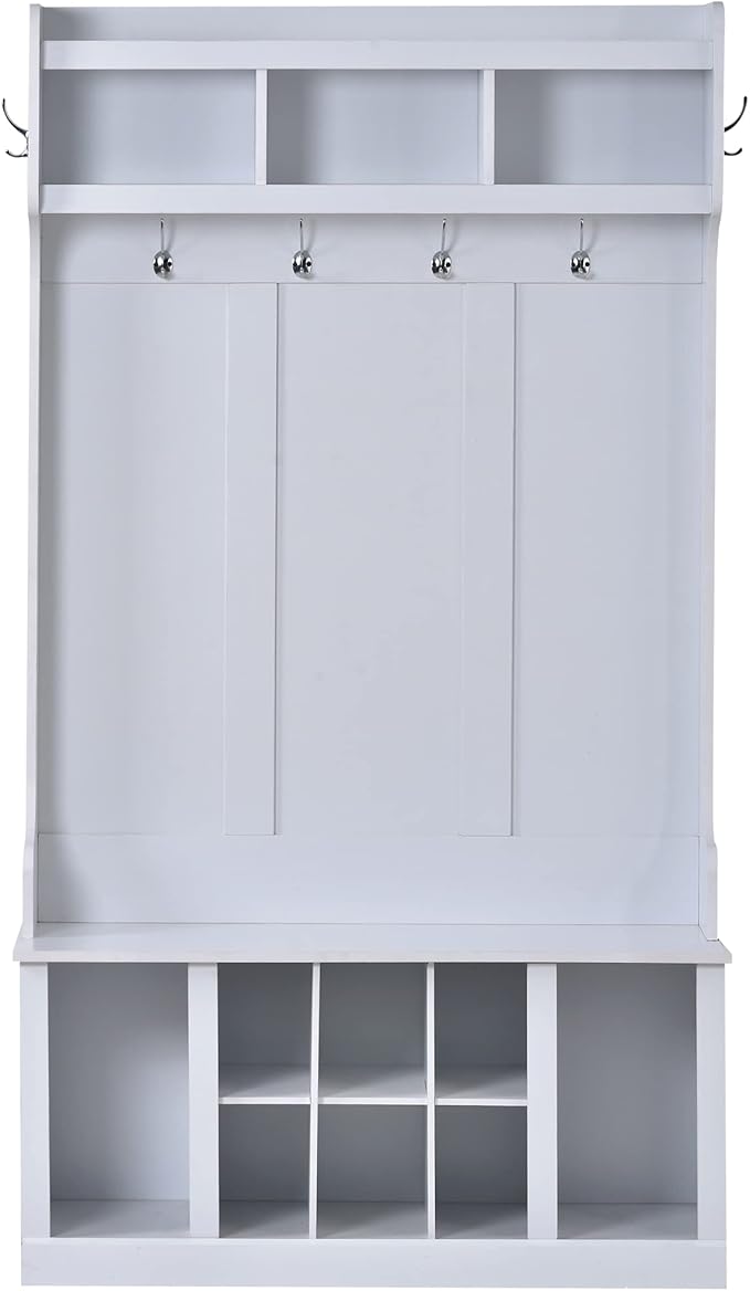 Retro 3-in-1 39.4INCH Hall Tree with 6 Hooks and Coat Hanger,Storage Bench and Open Shelves,for Livingroom Hallway Entryway Mudroom Use (White@Hooks/)