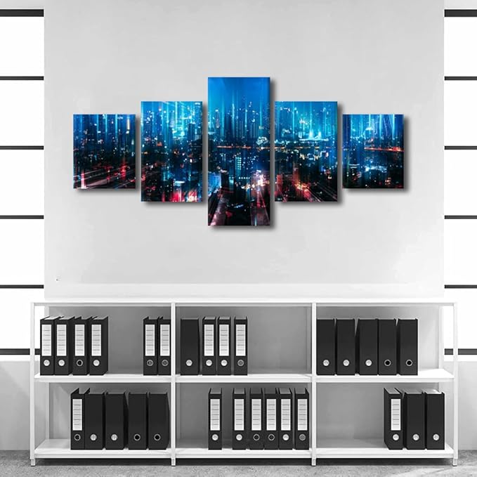 Canvas Wall Art Smart City And Digital Picture 5 Panel Smart City Poster Bangkok Cityscape Modern Home Decoration University Professor Office Wall Decorate Frame and Stretched Ready to Hang 50x24 Inch