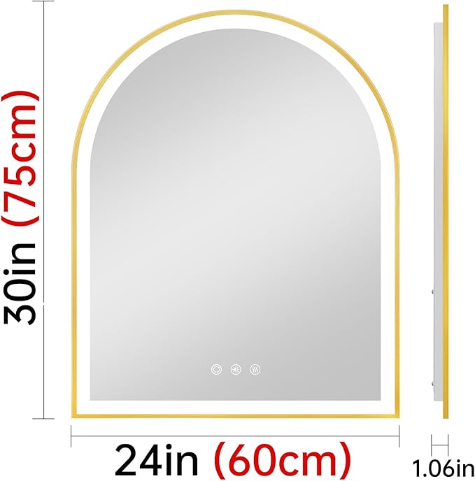 Arched LED Mirror for Bathroom 24"x30", Brushed Gold Lighted Bathroom Mirror with Lights, Fogless, Dimmable, Shatterproof, Touch Sensor, 3 Color Changing