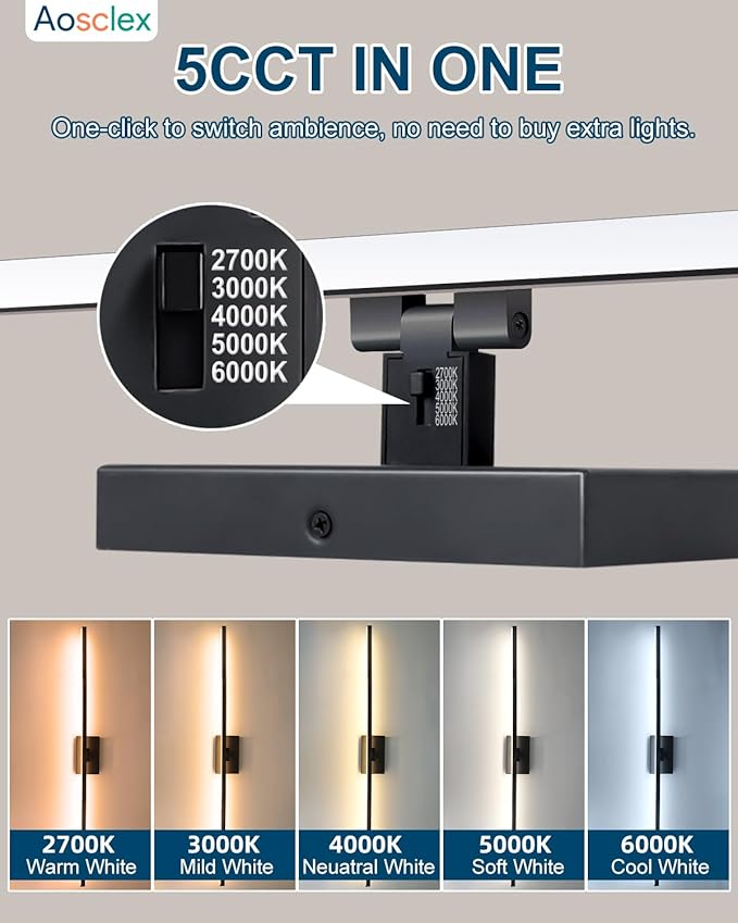 Aosclex 48 Inch Bathroom Lights Over Mirror, 180° Rotatable Angle, 32W 2880LM 5CCT Adjustable (2700K–6000K), Dimmable LED Light Fixture, IP44 Waterproof Black Modern Vanity Light, ETL Certificated