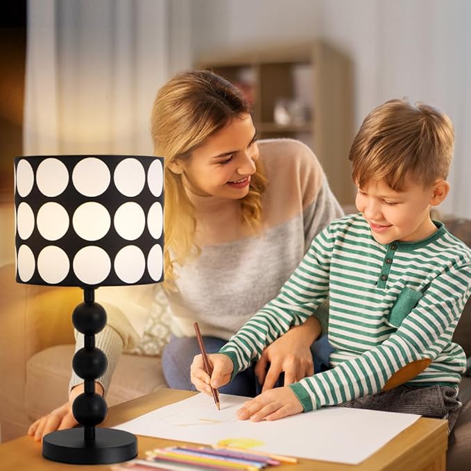 Black Bedside Table Lamp,White Dot Pattern Shade,Modern Black Tall Desk Lamp for Living Room,Bedroom,Nightstand,Office,Metal Base,Fabric Shade,Simple Side Table Lamps,E26 E27 Base,Button Switch