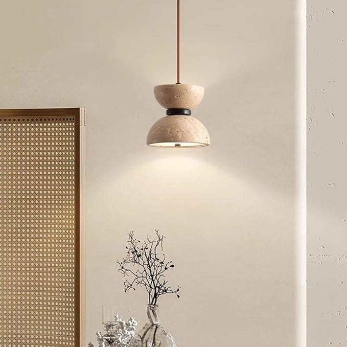 Double-Layer Natural Stone Bowl-Shaped Chandelier 5.9-inch Japanese Wabi-Sabi Style Lighting Fixture Indoor Yellow Travertine Chandelier Suitable for Bedside Tables, Dining Rooms,