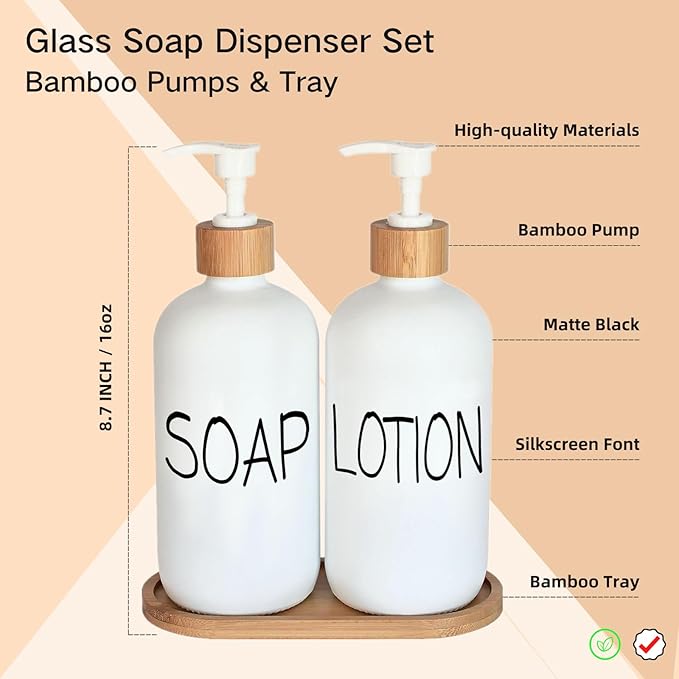 White Soap Dispenser Bathroom Set, Set with Glass Dispenser, Bamboo Pumps & Tray. Hand and Lotion Suitable for Farmhouse Decor
