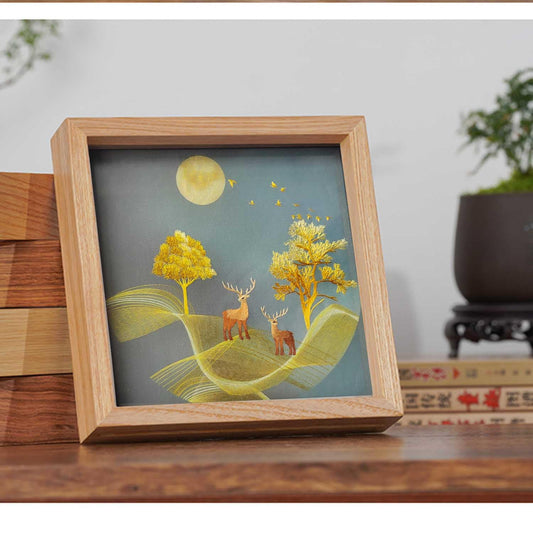 ozlvii Double-Sided Auspicious Deer Embroidery Art - Handcrafted Silk Embroidery with Display Stand, Symbol of Prosperity Home Decor, Oriental Blessing Gift for Good Fortune