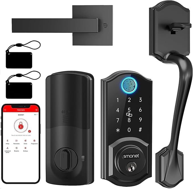 Smart Lock Front Door, SMONET Keyless Entry Door Lock with Handle, Smart Front Door Lock Set Fingerprint Smart Deadbolt Bluetooth Electronic Digital Keypad Lock, Auto Lock Work with Alexa, Black