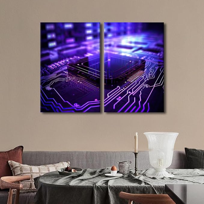 TUMOVO 3 Pieces Semiconductor Chip Canvas Print Canvas Art Prints Circuit Board Wall Art Canvas Gallery Wrapped Canvas on Stretched Minimalism Frame Ready to Hang, 24" Wx16 H