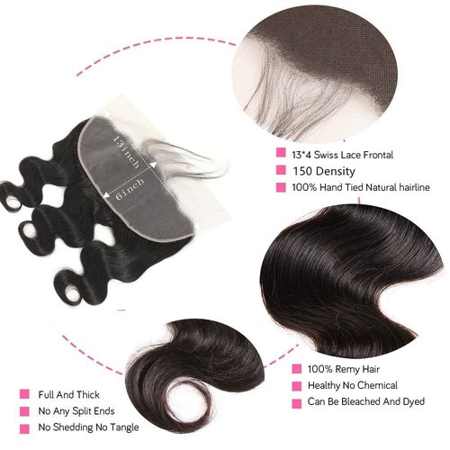 Caijuxing 13 x 6 Lace Frontal Closure Body Wave Frontal 13 x 6 HD Transparent Lace Frontals With Bangs Baby Hair 100% Remy Human Hair 150% Density Natural Color (Black, 10 Inch)