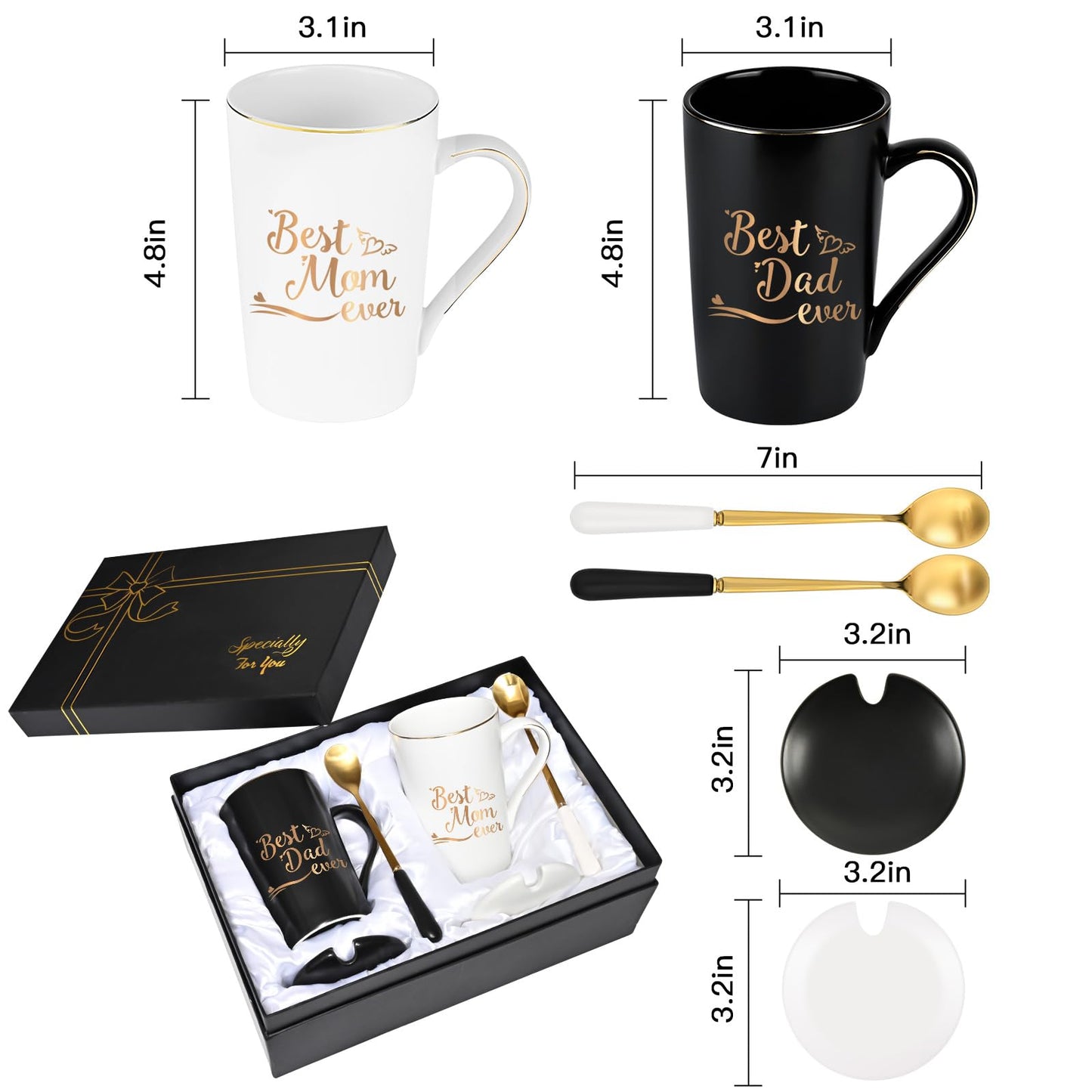 YHRJWN Mom and Dad Gifts, Best Dad and Mom Mug, Christmas Birthday Gifts for Parents from Daughter Son New Parent Couple Gift Set, Christmas 14 Oz Coffee Mug with Gift Box Coaster Spoon