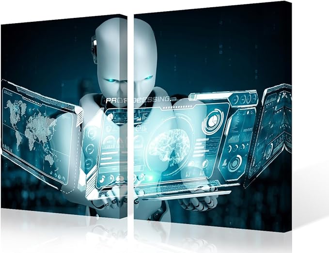 3 Pieces AI Intelligence Canvas Print Robot Wall Art Painting for Home Decor Big Data Analysis Paintings Stretched and Framed Giclee Minimalism Artwork for Living Room Decoration, 24" Wx16 H