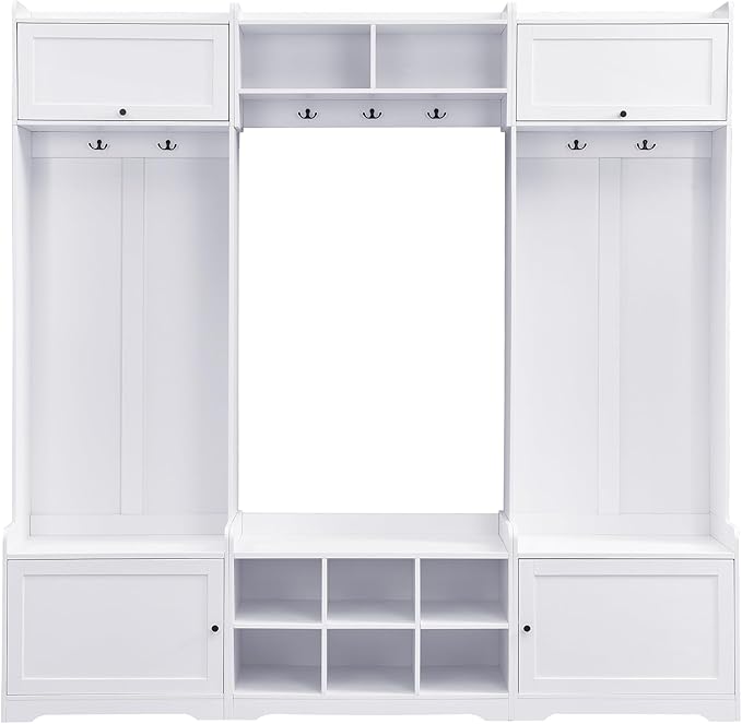 79.1''Wide Modern Hall Tree with Shoe Storage and 7 Coat Hooks, 4-in-1 Entryway Bench with 8 Cubbies and Adjustable Shelf for Hallway, Living Room (White/78)