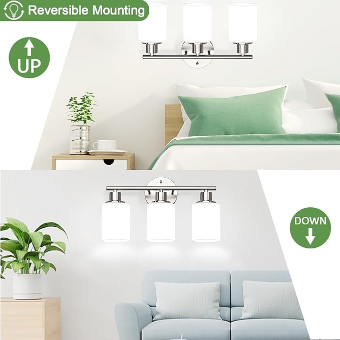 3-Light Bathroom Light Fixtures, Brushed Nickel Vanity Light, Farmhouse Wall Lights with Milky White Frosted Glass Shades, Bathroom Wall Lamp for Mirror Kitchen Bedroom Hallway Living Room