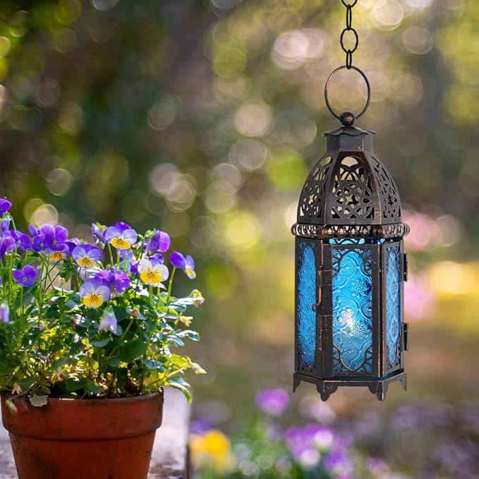DECORKEY Christmas Lanterns Decorations Indoor & Outdoor, 11’’ Medium Size Vintage Metal Hanging&Tabletop Candle Holder Decor, Halloween Ramadan Decorations for Home Porch Patio(Blue)