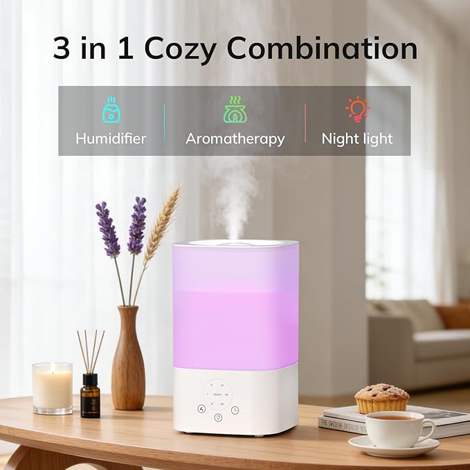 ZAFRO 3.2L Comfort Humidifier for Bedroom, 7 Color LED Night Light, Top Fill Design & Multiple Mist Levels, 24 dB Quiet Ultrasonic Comfort Humidifiers, White, Touch Control