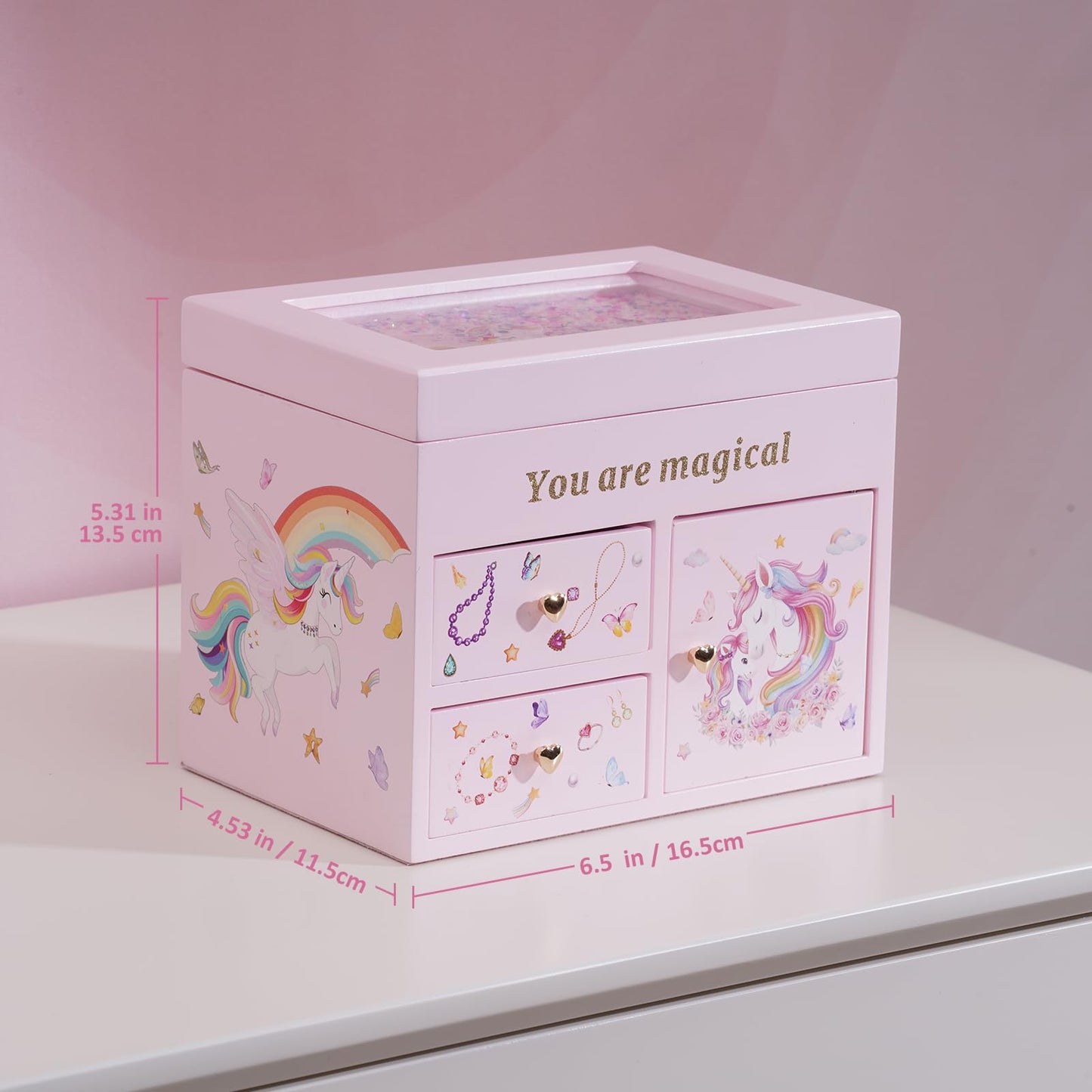 Lolalet Wooden Jewelry Box with Unicorn for Girls, Musical Children's Jewelry Organizer, Gift for Toddler Age 2 3 4 5 6 7 8 9 on Birthday -Pink