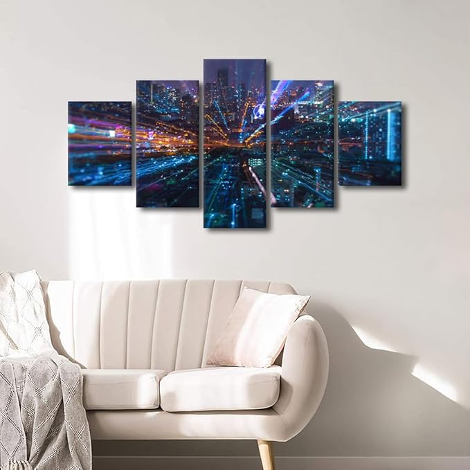 Bangkok Cityscape Wall Art Smart City and Digital Poster 5 Panel Canvas Connection Concept Picture Decoration Modern Home Decor for Living Room Decor Frame and Stretched Ready to Hang 60x32 Inch