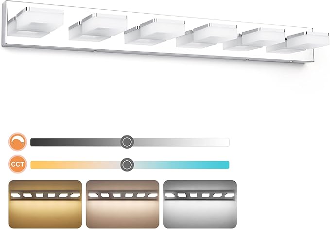 3 Colors Dimmable Bathroom Light Fixtures Over Mirror, LED Chrome Vanity Lights, Acrylic Stainless Steel 6 Light Bathroom Vanity Light, Adjustable 3000K/4000K/6000K, 360° Rotate