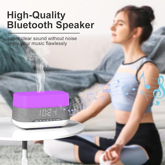 300ml Essential Oil Diffuser with Bluetooth Speaker & Alarm Clock | Auto Shut-Off, Colorful Night Light, Timer for Bedroom, Office, Yoga（White）