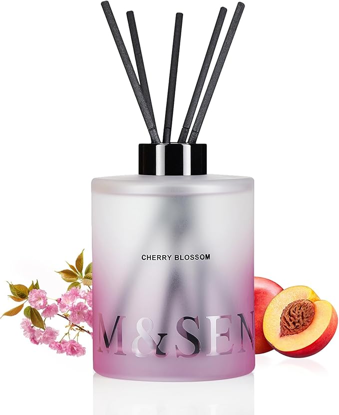 M&SENSE Cherry Blossom Reed Diffuser Set - 16.9 fl oz Long-Lasting Scent, Non-Toxic Natural Essential Oil Diffuser with Sticks, Home Fragrance Diffuser Gift for Office Bathroom Bedroom