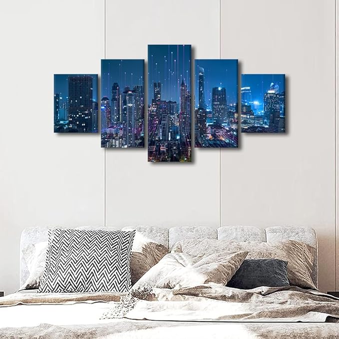 Native Americans Home Decoration 5 Panel Poster Printing Smart City And Digital Picture Futuristic Communication Printing Artwork Internet Companies Meeting Room Corridor Wall Art Decor 60x32 Inch