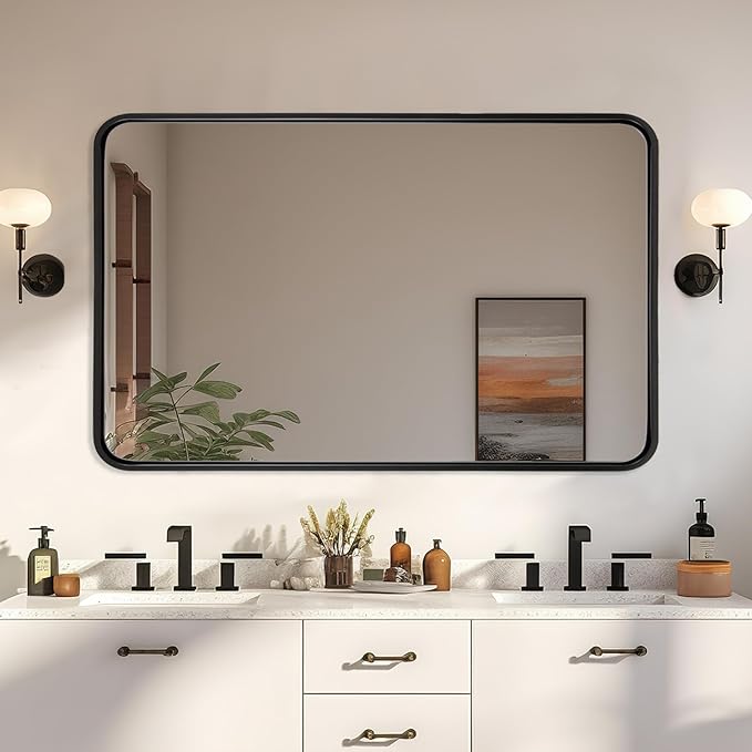 ANDY STAR 48X32 Inch Black Bathroom Mirror, Black Bathroom Vanity Mirrors for Wall, Rounded Rectangle Mirror for Bathroom, Seamless Tube Metal Frame, 1’’ Deep Wall Mounted Vertical/Horizontal