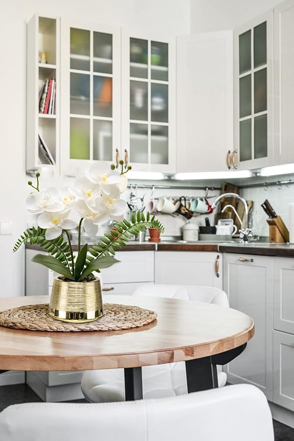 Oairse White Orchids Artificial Flowers in Gold Pot Faux Phaleanopsis Orchid Bonsia Fake Orchid Centerpiece for Dining Room
