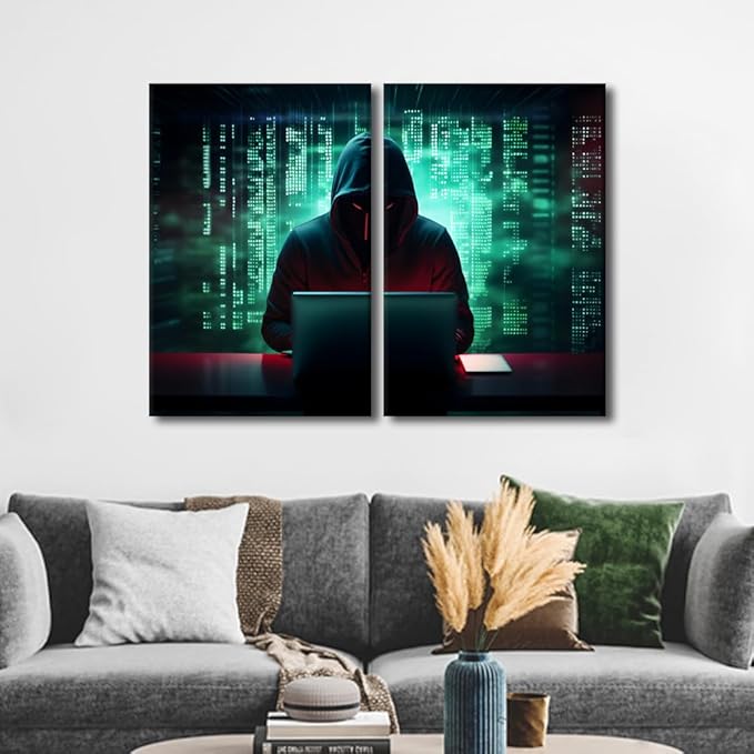 TUMOVO 3 Pieces Wall Decorations for Living Room Hacker Malware Home Decor AI Big Data Artwork Canvas Paitings House Art Posters and Prints Giclee Framed Ready to Hang, 24" Wx16 H