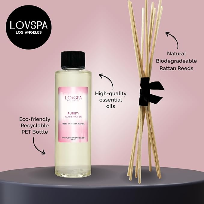 LOVSPA PURIFY Rosewater Diffuser Oil - Luxury Essential Oils for Diffuser Refill & Air Freshener Room Spray - Long-Lasting & Natural Home Fragrance, Scented Oil for Diffusers, USA Made, 4oz