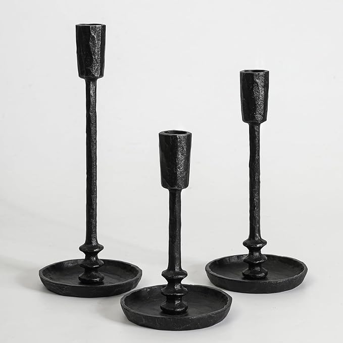 Rustic Cast Iron Taper Candle Holder - Set of 3 Vintage Candle Stands, Candlestick Holders for Wedding, Dining, Party Décor (Black)