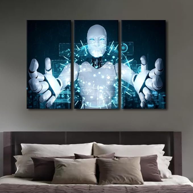 TUMOVO 3 Panels Canvas Wall Art Robot Painting Prints on Canvas Wall Art AI Intelligence Pictures Giclee Artwork for Home Walls Animal Posters Gallery-wrapped Framed Ready to Hang, 60" Wx40 H