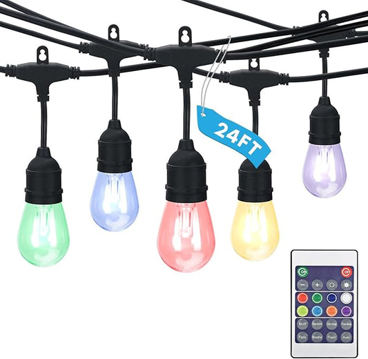 LUXRITE 24FT LED RGBW Outdoor String Lights, Remote Control Color Changing Cafe Lights, Commercial Grade Waterproof, 12 Edison S14 Shatterproof Bulbs, IP65, Dimmable Outside Hanging Lights for Patio