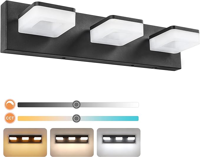 3 Colors Dimmable Black Bathroom Light Fixtures Over Mirror, LED Vanity Lights, Acrylic Stainless Steel 3 Light Bathroom Vanity Light Fixtures, Adjustable 3000K/4000K/6000K, 360° Rotate