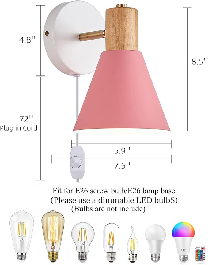 ClanKin Wall Sconces Lighting Set of 2 for Bedroom, Black Dimmable Wood Style Wall Sconce Reading Lamp, Adjustable Wall Light for Bedroom Hallway Living Room (Pink-Plug in, 2)