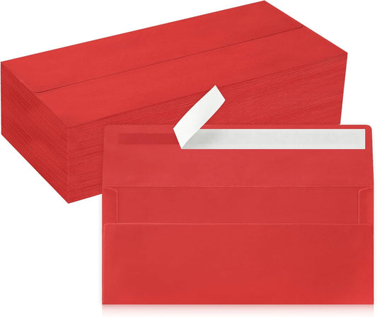 100 Pack #10 Business Envelopes, Red Standard Envelopes Self Seal, Letter Size Mailing Envelopes for Checks Letters Invoices Statements Christmas Birthday Graduation Wedding, 4 1/8 x 9 1/2 Inch