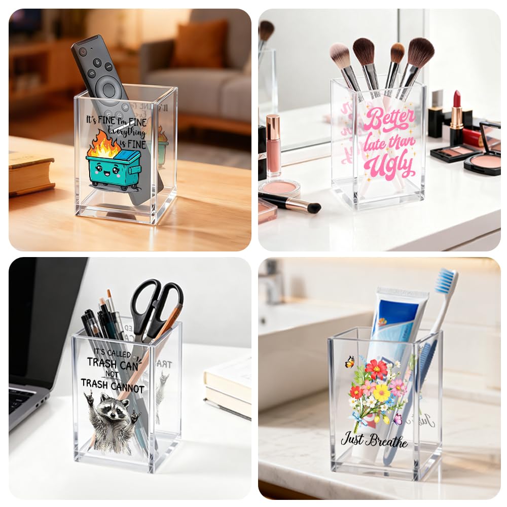 Gkodw Everything is Fine Cosmetic Organizer Pen Holder, Acrylic Desk Holder for Pen Pencil, Office Gifts for Coworker, Dumpster Fire Desk Accessory (Transparent64)