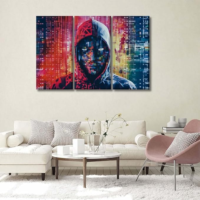 LSIUHWUWI Wall Art for Living Room 3 Panel Hacker in Mask on Dark Background with Digital Effects Pictures Posters Wall Decor for Home Office, Wooden Framed Ready to Hang, 20x40inchx3