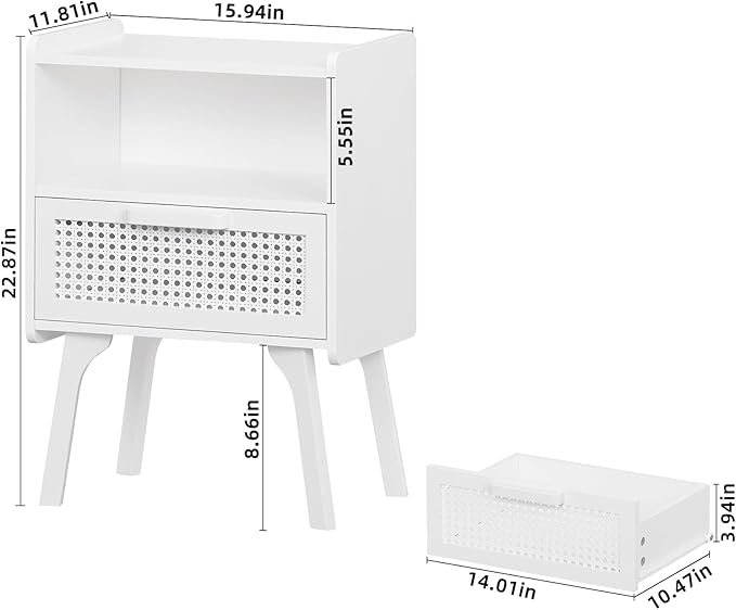 Lerliuo Rattan Nightstand, Side Table with Drawer Open Shelf, Cane Accent Bedside End Table with Solid Wood Legs, Mid Century Modern Night Stand for Bedroom, Dorm and Small Spaces (White)