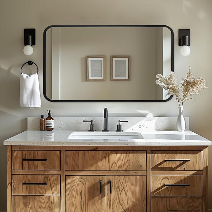 ANDY STAR Wall Mirror for Bathroom, 24x40 Inch Bathroom Vanity Mirror, Black Rounded Rectangle Mirror, Tube Iron Metal Wall-Mounted, Horizontal/Vertical