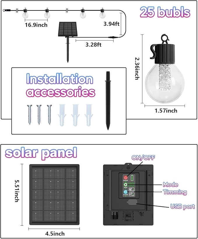 Solar String Lights Outdoor Waterproof,50FT 25LEDs Warm White & Multicolor Hanging Lights G40 Globe Solar Powered String Lights Outdoor with 8 Modes,Timer,Solar String Light for Outside Patio Yard