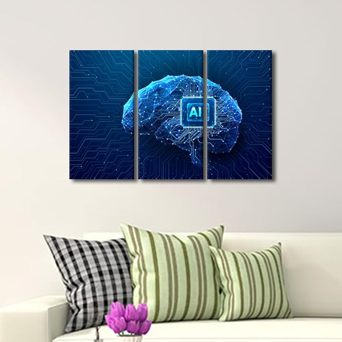 Chip Integral Paintings for Wall Decorations Technology Brain Canvas Prints Technology Wall Art Giclee Artwork 3 Panels Canvas Wall Art Room Wall Decor Stretched and Framed Ready to Hang, 36"Wx24"H