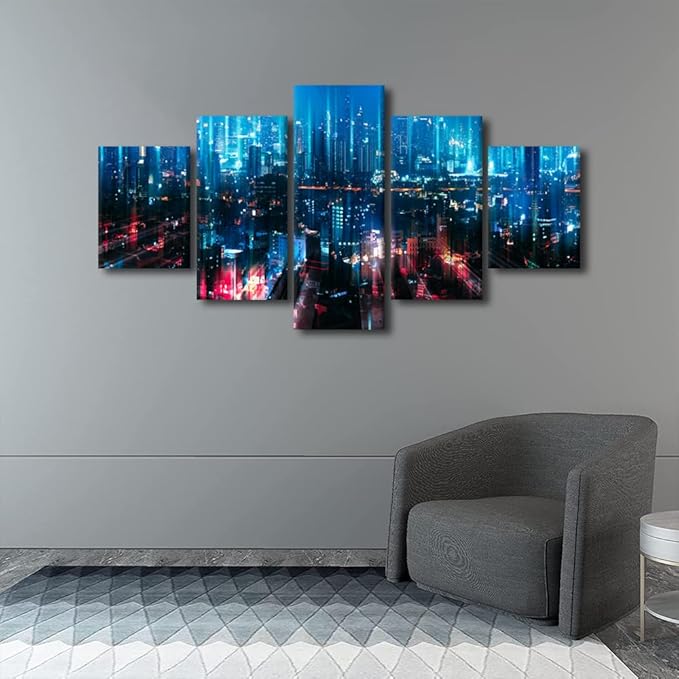 Wall Art for Living Room 5 Panel Home Decoration Smart City Landscape Poster Particle Glowing Light Picture Big Data Worker Bedroom and Corridor Decorate Frame and Stretched Ready to Hang 60x32 Inch