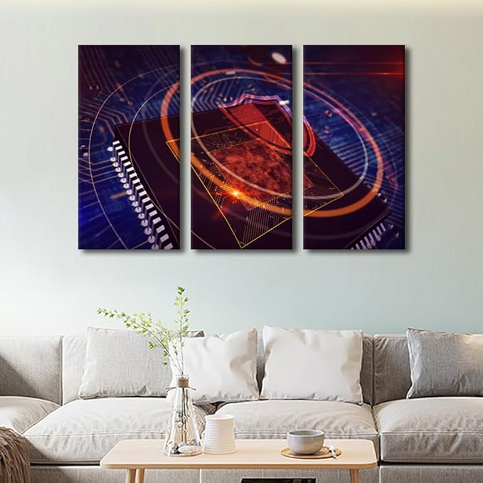 Wall Art for Living Room 3 Panel CPU on Board With Shield Hologram Display Pictures Posters for Home Room Office Club Decoration Wooden Framed Gallery-Wrapped Ready to Hang, 42" Wx28 H