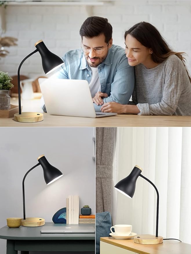 Metal Desk Lamp Table Lamp Reading Lights Arc Desk Lamps for Bedroom, Wood Base Bedside Lamp with Flexible Gooseneck for Study Room and Office (Wood Base+Black)