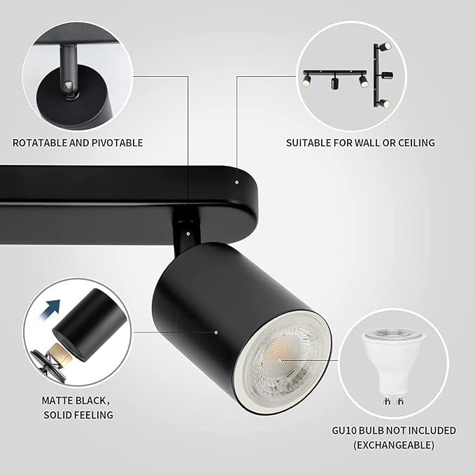 3 Light Track Lighting Kit Flexibly Rotatable Track Light Ceiling Kitchen LED Ceiling spot Light for Bedroom, Picture Wall, Hallway, Office, Bar, GU10 Socket (Black-3 Light)