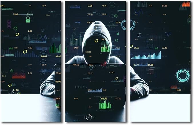 TUMOVO 3 Pieces Wall Art Hacker Malware Paintings for Home Wall Decorations AI Big Data Canvas Prints Hacker Artwork for Home Walls Contemporary Home Decor Framed Ready to Hang Posters, 42" Wx28 H