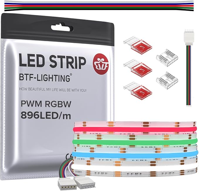 BTF-LIGHTING FCOB COB LED Strip RGBW 6500K 896LED/m 9.8FT DC24V Color Changing Flexible High Density Uniform Light 12mm Width for Home Indoor Decoration(No Adapter or Controller)